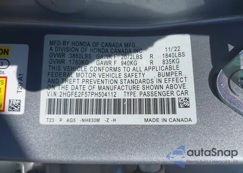 2023 Honda Civic Sport из США, поврежденный, VIN 2HGFE2F57PH504112